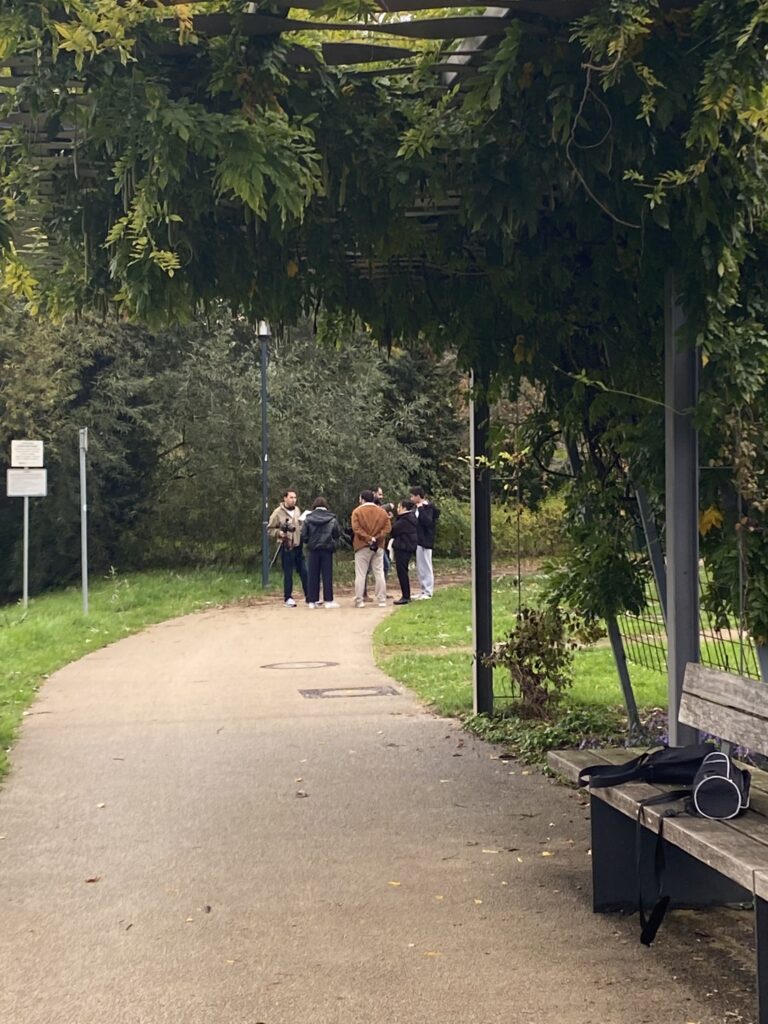 Bild zeigt eine kleine Gruppe von Menschen die sich im Park unterhalten